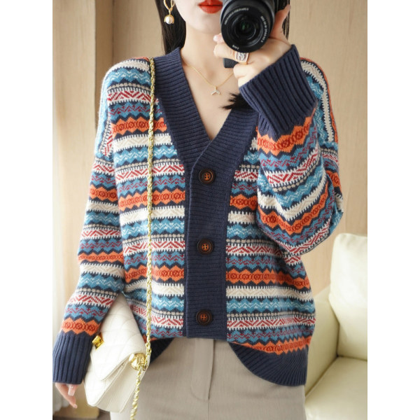 Kvinnor Stickad Höst Vinter Tröja Koreansk Stil V-ringad Etnisk Jacquard Stickad Cardigan Baggy Coat Navy blue 110*61*51cm