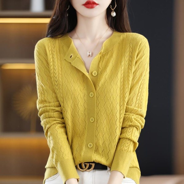 Kvinnor stickat höst vinter tröja rund hals Hollow Wool Cardigan enfärgad kappa Maple leaf yellow L