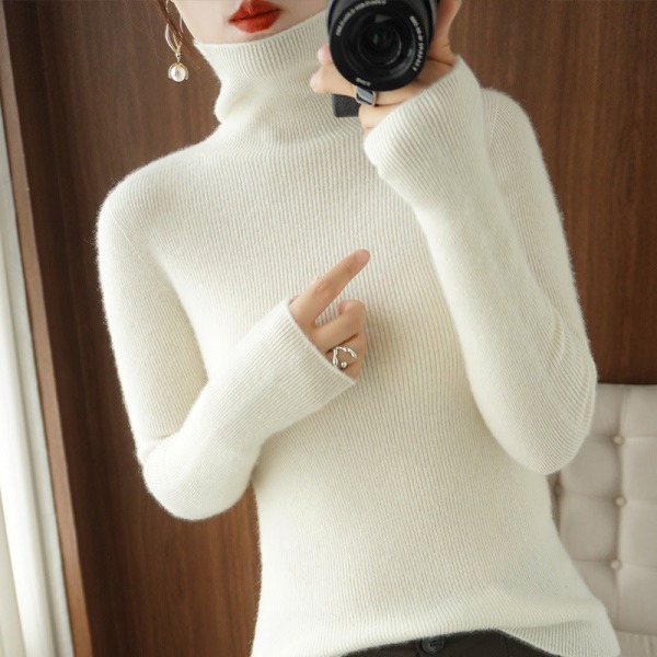 Strikkevarer for kvinner Høst Vinter Genser Yttertøy Turtleneck Cashmere Genser Pile Collar Pullover Beige M