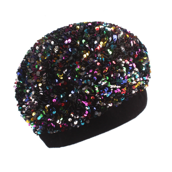 Beret lue Dame paljettlue Fasjonabel varm strikket lue malerhette paljett beret Black Adjustable