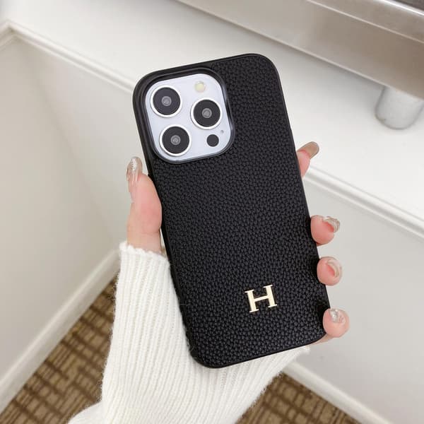 Etui til iPhone 13pro max lychee mønster fuld H sort læder trendy mærke