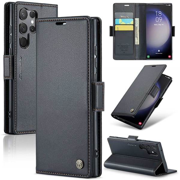 Kotelo iPhone 14 Plus -puhelimelle, musta, varkaudenestolla, nahkainen korttipaikka