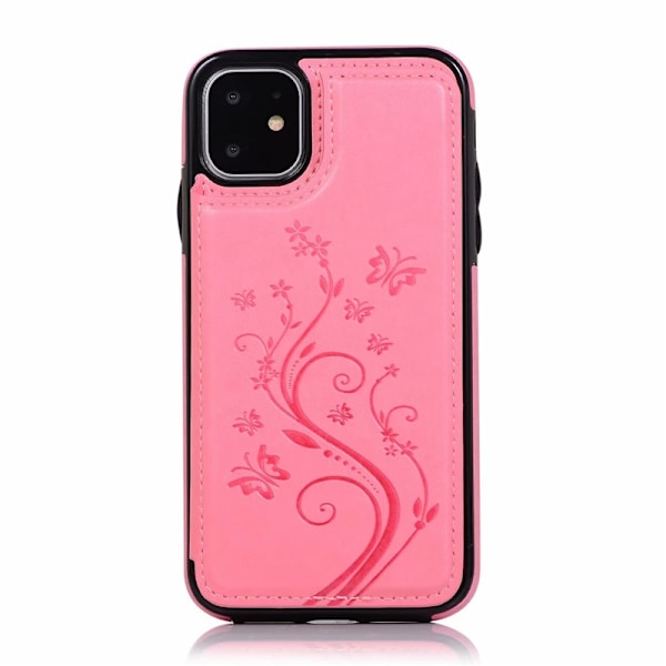 Etui til iPhone 13 Mini pink dobbelt spænde præget sommerfugl læder dobbelt stativ pung koreansk