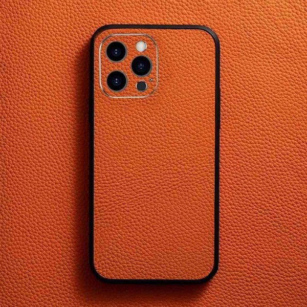Fodral för iPhone 14plusAIMA orange läderram linsskydd högkvalitativt litchimönster