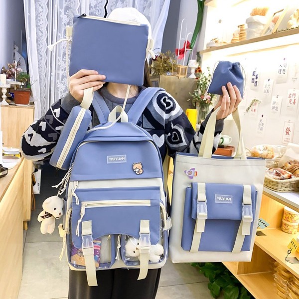 Student pige rygsæk skulder taske skoletaske Letvægts Primary School Princess Stor Kapacitet Fire-Piece Blue