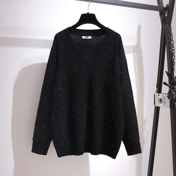 Kvinder Strik Efterår Vinter Sweater plus Størrelse V-hals Mid-Length plus-Sized Black 6XL