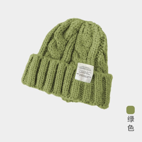 Varm vinterstrik Beanie Hatte Pure Color Japansk Uld Kvinder Koreansk Style Ørebeskyttelse Unisex Coarse knitted woolen cap-Green M（56-58cm）