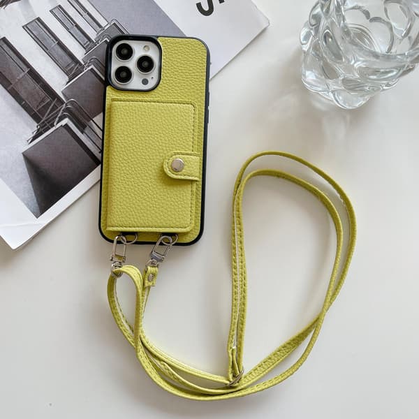 Fodral för iPhone 13 6.1 gulgrön snodd crossbody solid korthållare vikbart japanskt