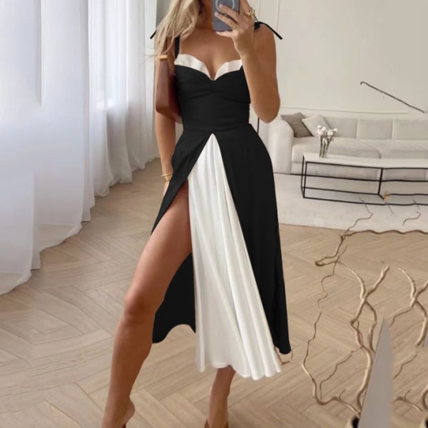 Snøre-kjole Sexet Tube Top Farve Matchende Kjole Højtalje Slids Suspender Dress Black L