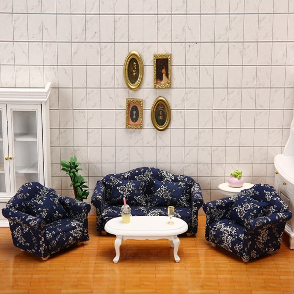 Pienoishuonekalut Lelunuket Talo Tee-se-itse-sisustustarvikkeet Mini 1:12 Sininen kangas Pieni kukkainen huippuluokan sohva Double sofa