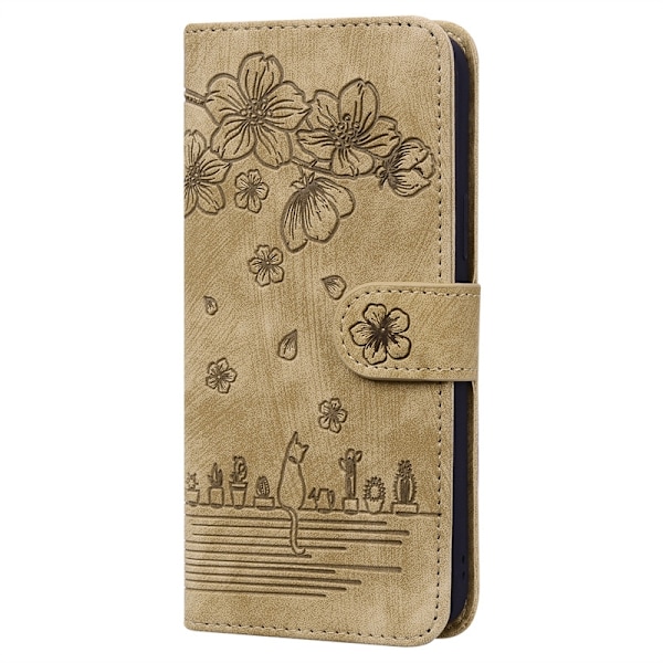 Fodral för iPhone16ProMax brunt präglat kattblomma läder präglat körsbärsblom