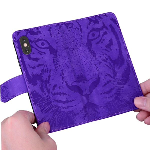 Etui til iPhone15Plus mørk violet kortslot rød ris flip