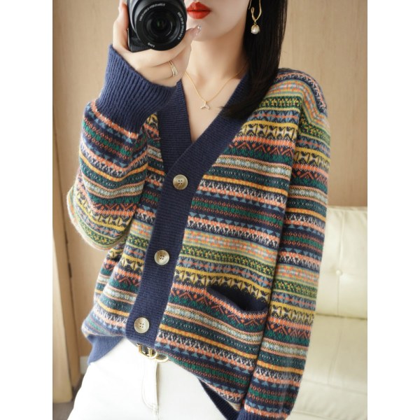 Kvinder strik efterår vinter sweater koreansk stil v-hals etnisk stil jacquard strikket cardigan Navy blue (with pocket) XL