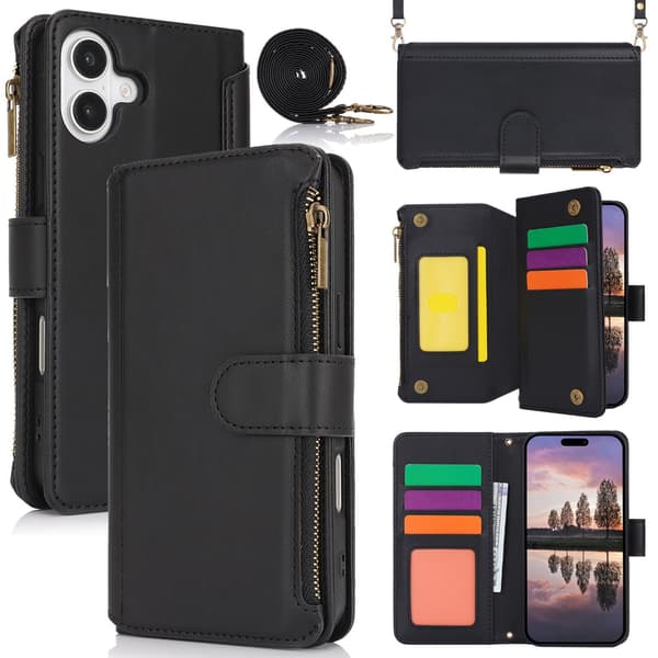 Etui til iPhone 14 Pro Max sort lynlåstaske crossbody læderpung