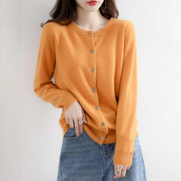 Kvinder Strik Efterår Vinter Sweater Cardigan Dame O-hals Kort Slim Jakke Ginger yellow S