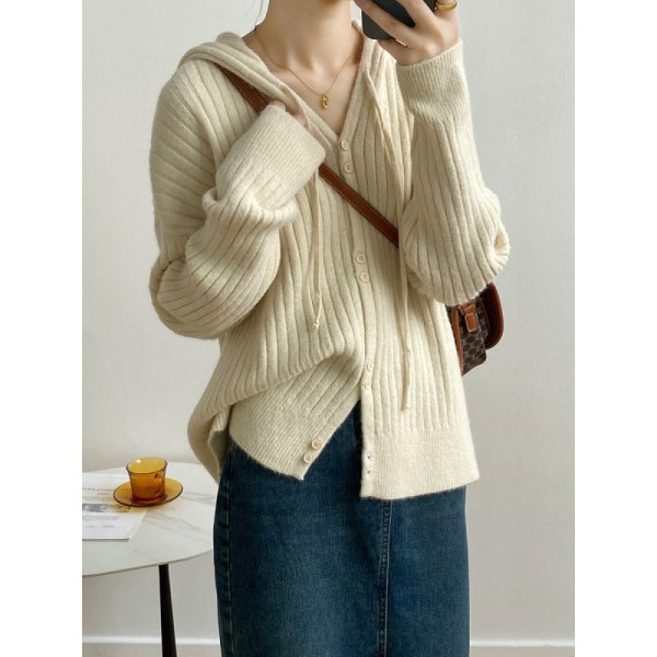 Kvinnor Stickad Höst Vinter Tröja Lazy Wind Cardigan Huva Cardigan Chic Toppar Ytterkläder Mustard green 56*47*104cm