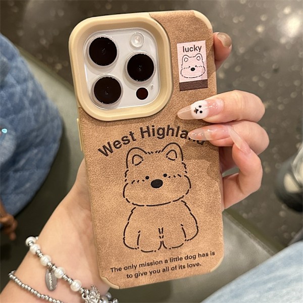 Fodral för iPhone15promax linje West Highland rosa etikett höst och vinter japansk koreansk kattläder