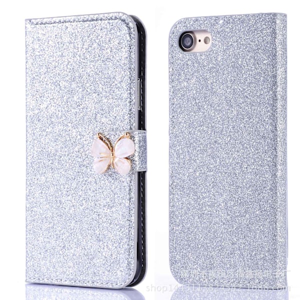 Fodral för iPhone 13 Silver rosett glitter diamantprydd läder kortplats flip plånbok