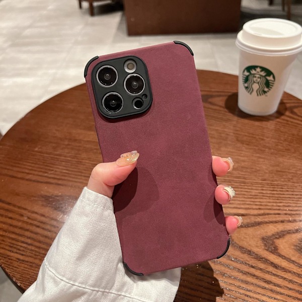 Fodral för iPhone 14plus plommonfärgat massivt lammskinn fullt anti-fall mjukt