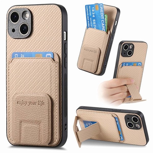 Fodral för iPhone 14 Khaki Aprikos Enkelt Ställ Solid Kolfiber Kortinsättning Enkelt Läder