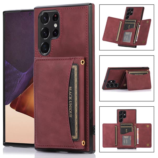 Fodral för iPhone 14 6.1 vinröd visitkortshållare solid plånboksfack crossbody läder