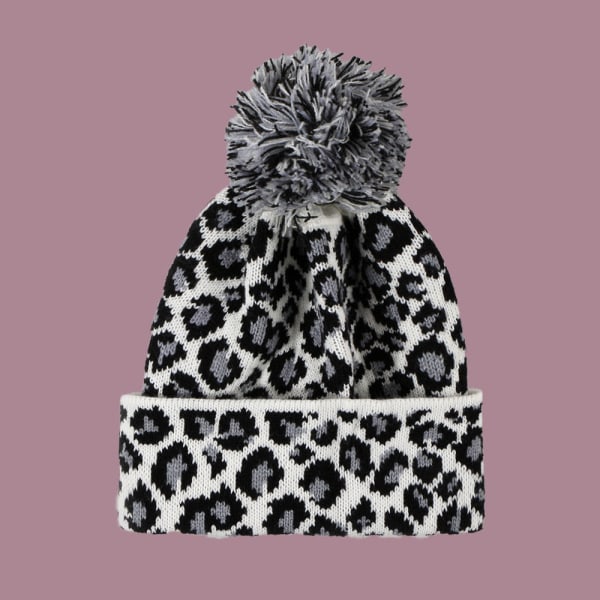 Varm vinterstrikkede lueluer Leopardlue for kvinner mote i koreansk stil Ansiktsutseende liten unisex hat-White M（56-58cm）