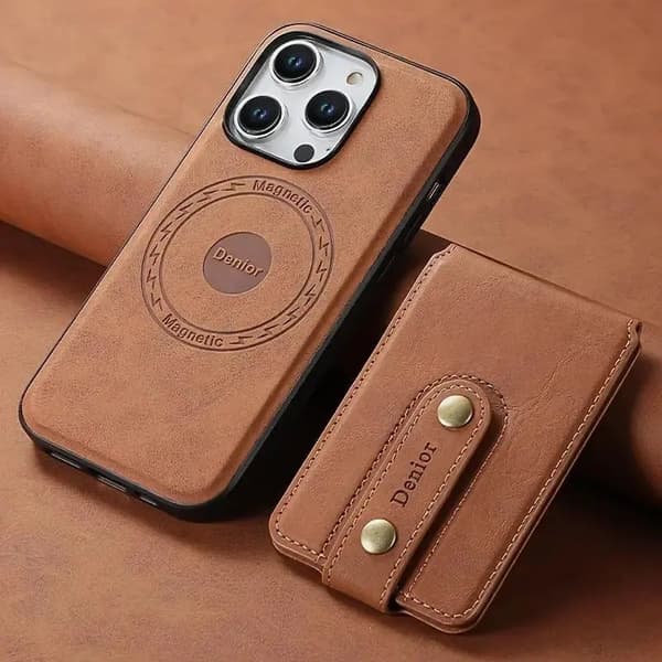 Etui til iPhone 15 Pro Khaki Magnetisk Lær Kortinnsetting Separat