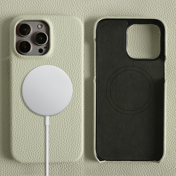 Kotelo iPhone 14 Prolle, harmaa ja valkoinen nahka, magneettinen, korkealaatuista lehmännahkaa
