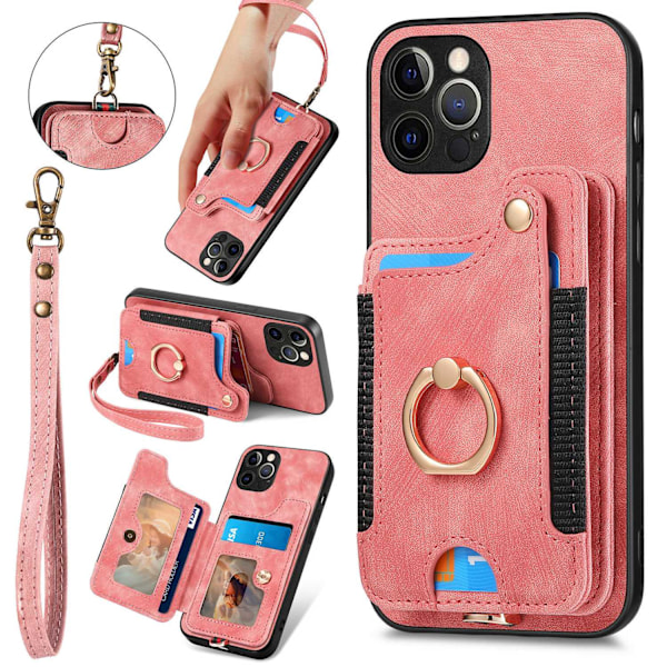 Etui til iPhone 15 Plus rosa [med snor] lærvare ring spenne kortholder armbånd