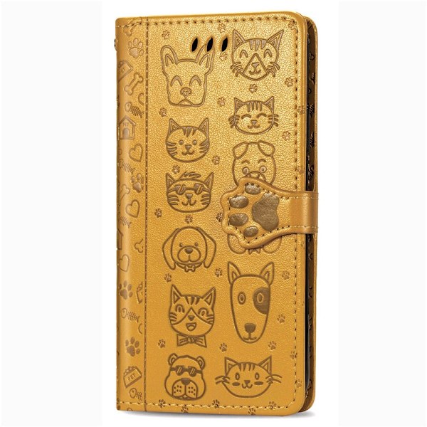 iPhone 14 -kotelo, keltainen kissa- ja koirakuvioitu nahkakotelo, kissa