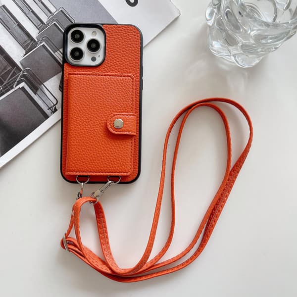 Fodral för iPhone 13pro max orange snodd crossbody solid korthållare vikbart japanskt läder