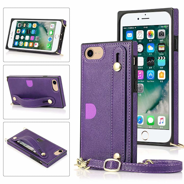 Fodral för iPhone15 Plus lila crossbody handledsrem korthållare snodd läder