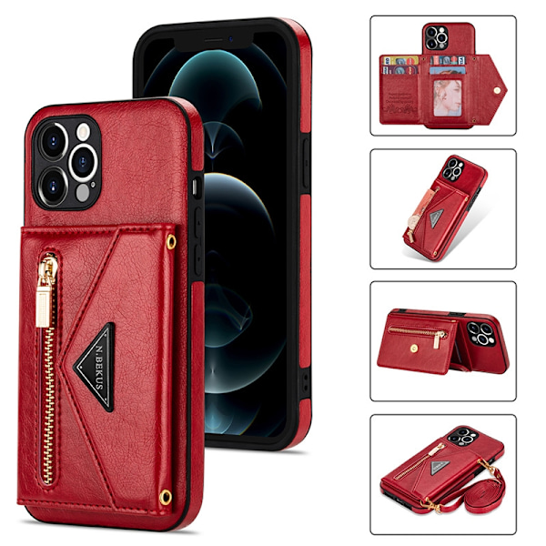 Etui til iPhone 13pro MAX Rød Crossbody Læder Multifunktionel Lynlås Pung