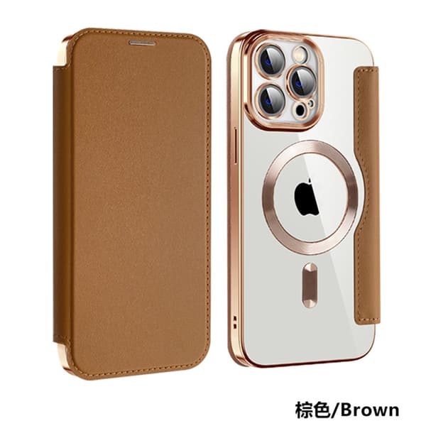 Etui til iPhone 15 Pro Brun Magnetisk Kortinnsetting Solid Elektroplettert Lær PU Transparent