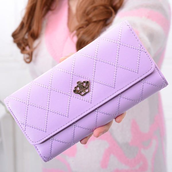 Kvinner lommebok myntveske Lang trefoldig koreansk spenne Rhombus Love Crown Light purple