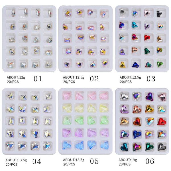 Negledekorationer til Nail Art Kærlighed Diamant Krystal Magisk Farve Fancy Shape Diamanter Champagne Hjerte Diamant 20 grid fancy shape diamonds 05