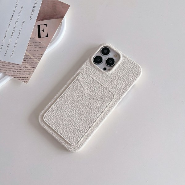 Fodral för iPhone 14 Pro Max antikvit korthållare litchi läder enkelt mönster