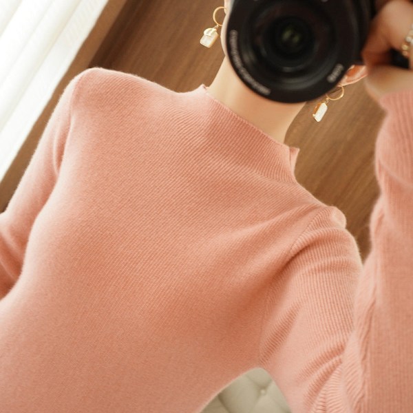 Strikketøy for kvinner Høst Vinter Genser Koreansk stil Halvhøy krage indre matchbaseskjorte Ensfarget Leather pink XL
