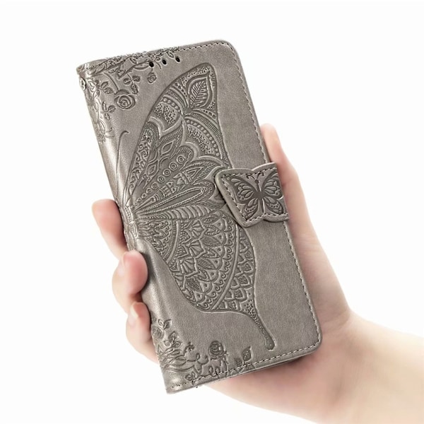 Fodral för iPhone 13 grå 3D blomma fjäril läder präglat