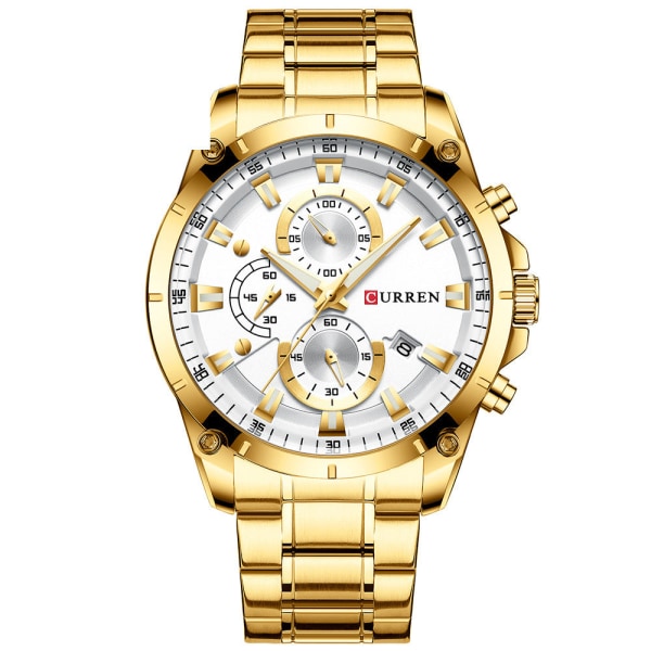 Herreure Vandtæt Quartz Watch Multifunktions seks-pin kalendergave Gold shell White