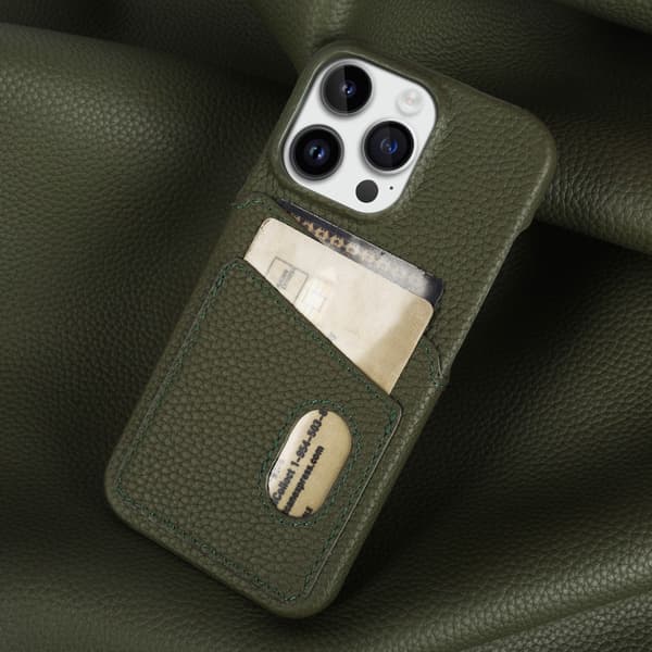 Fodral för iPhone 14plus, mörkgrönt läder, litchi-textur, kortplats