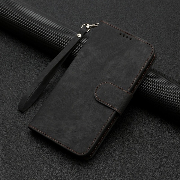 Etui til iPhone 13mini stribet dobbelt foldet kant sort solid kant læder