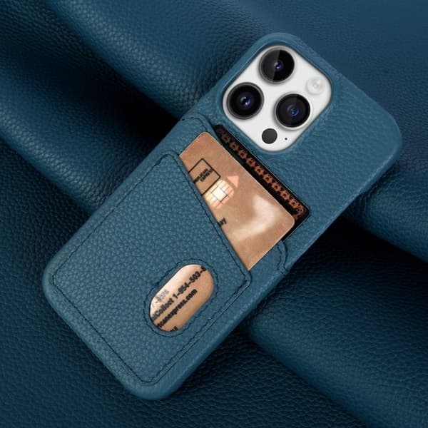 Fodral för iPhone 14plus Påfågelblått läder litchi kortplats