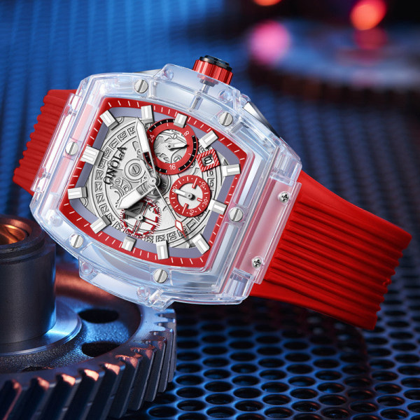 Miesten kellot läpinäkyvä case Monitoiminen valaiseva vedenpitävä watch white red 1