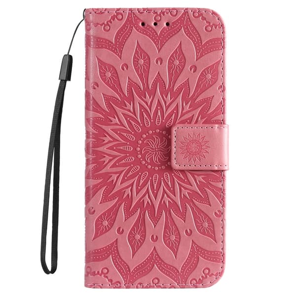 Etui til iPhone 15PLUS rosa preget solsikke lærpreget