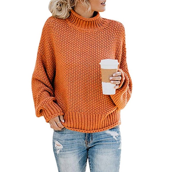 Kvinder Strik Efterår Vinter Sweater Dametøj Tykt Tråd rullekrave Pullover Orange 2XL