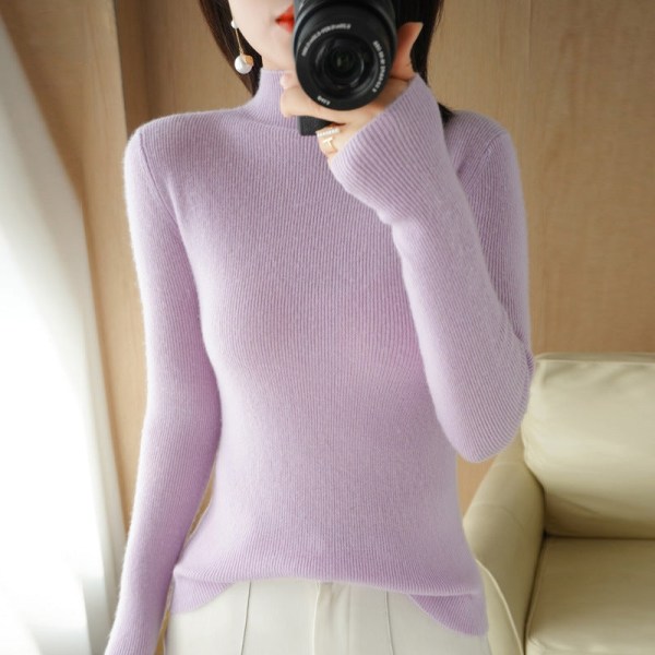 Kvinnor Stickad Höst Vinter Tröja Halv Turtleneck Enfärgad Inner Wear Bottoming Skjorta Slim Fit Taro purple M