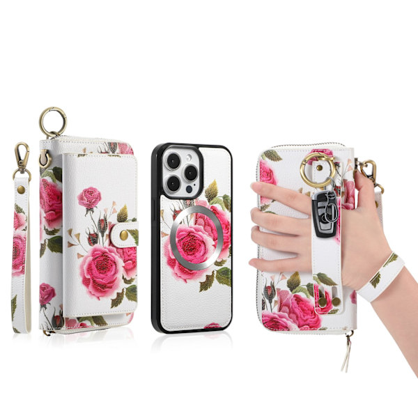 Fodral för iPhone 13 vit ros kortplånbok läder snodd retro magnetisk