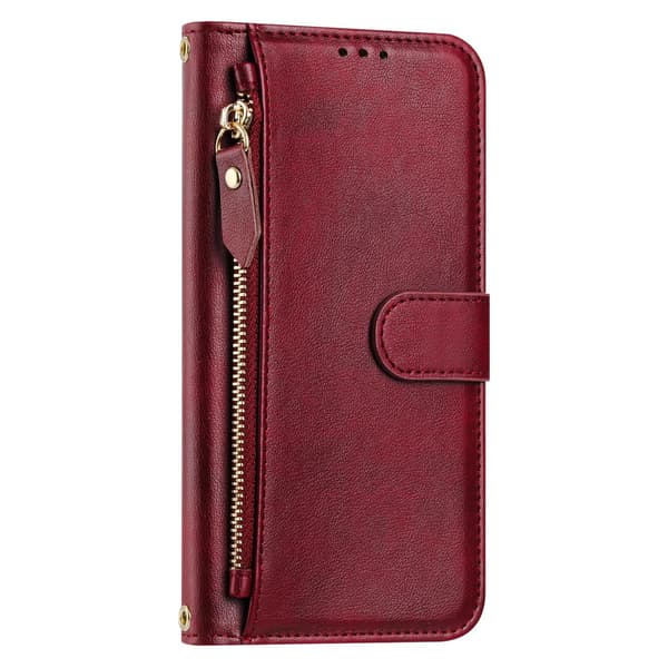 Etui til iPhone 13mini mørkerød solid multi-kort glidelås lommebok i lær