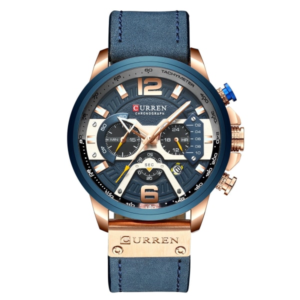 Herreklokker Business Leather-Belt Watch Calendar Six-Pin Quartz Watch Gift Rose shell blue